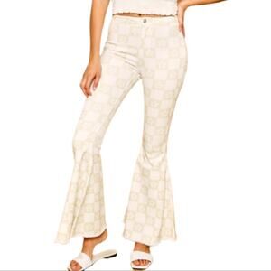 Peach Love Womens Daisy Checkered Print Bell Bottom Frayed Hem Jeans Size S